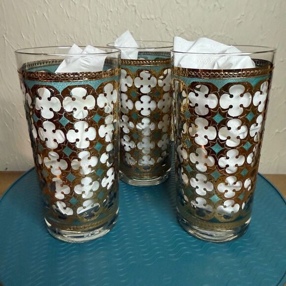 Set Of 3 Vtg MCM Pasinski Washington Highball Glasses 22k Gold & Turquoise EUVC - Picture 5 of 14